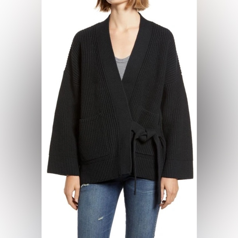 EUC MADEWELL Madison Black Side Tie Shaker Knit Cardigan szS